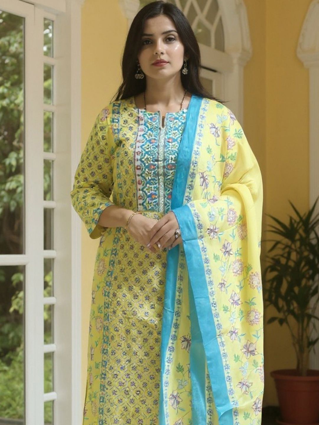 Dhiyona IE Women Ethnic Motifs Printed Regular Pure Cotton Kurta with Trousers & Dupatta