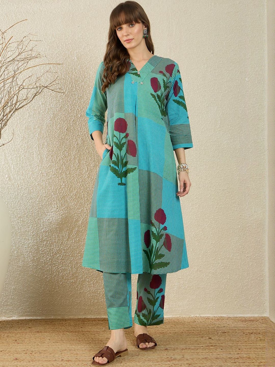 Dhiyona IE Floral Printed Pure Cotton A Line Kurta With Trousers
