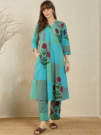 Floral Printed Pure Cotton A Line Kurta With Trousers