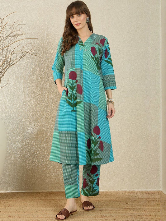 Floral Printed Pure Cotton A Line Kurta With Trousers