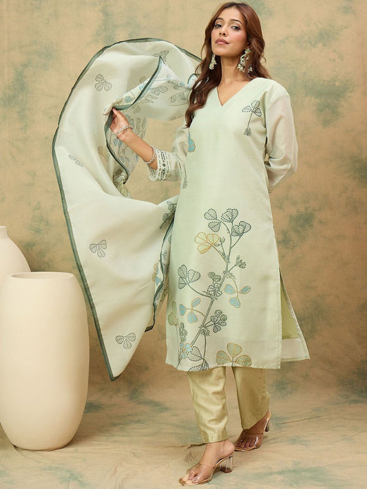 Dhiyona VA Women'sFloral Printed V-Neck Chanderi Silk Kurta With Trousers & Dupatta