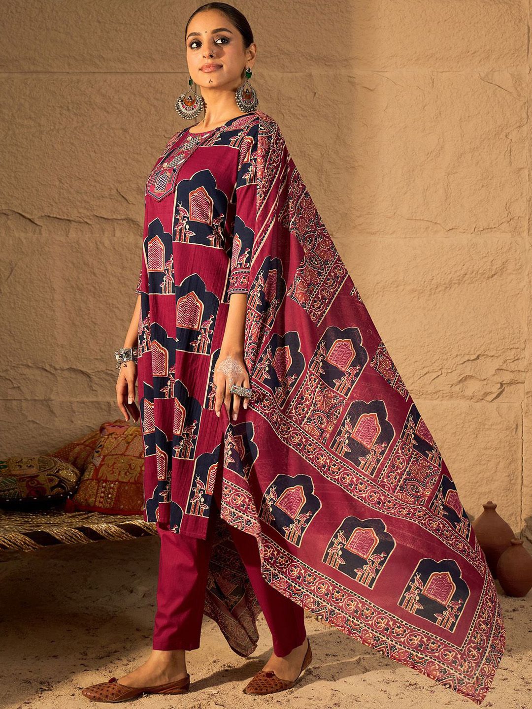 Printed Straight Kurta & Trousers With Dupatta set