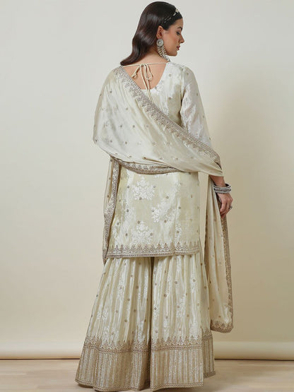 Dhiyona SO Women's Cream Floral Embroidered Notch Neck Zari Straight Kurta With Sharara & Dupatta
