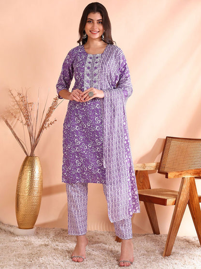 Dhiyona OD  Printed Mirror Work Pure Cotton Kurta With Trouser & Dupatta