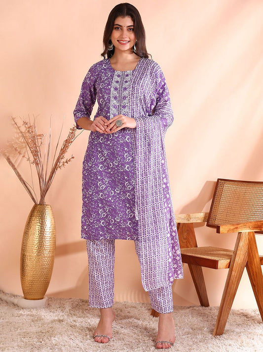 Dhiyona OD  Printed Mirror Work Pure Cotton Kurta With Trouser & Dupatta