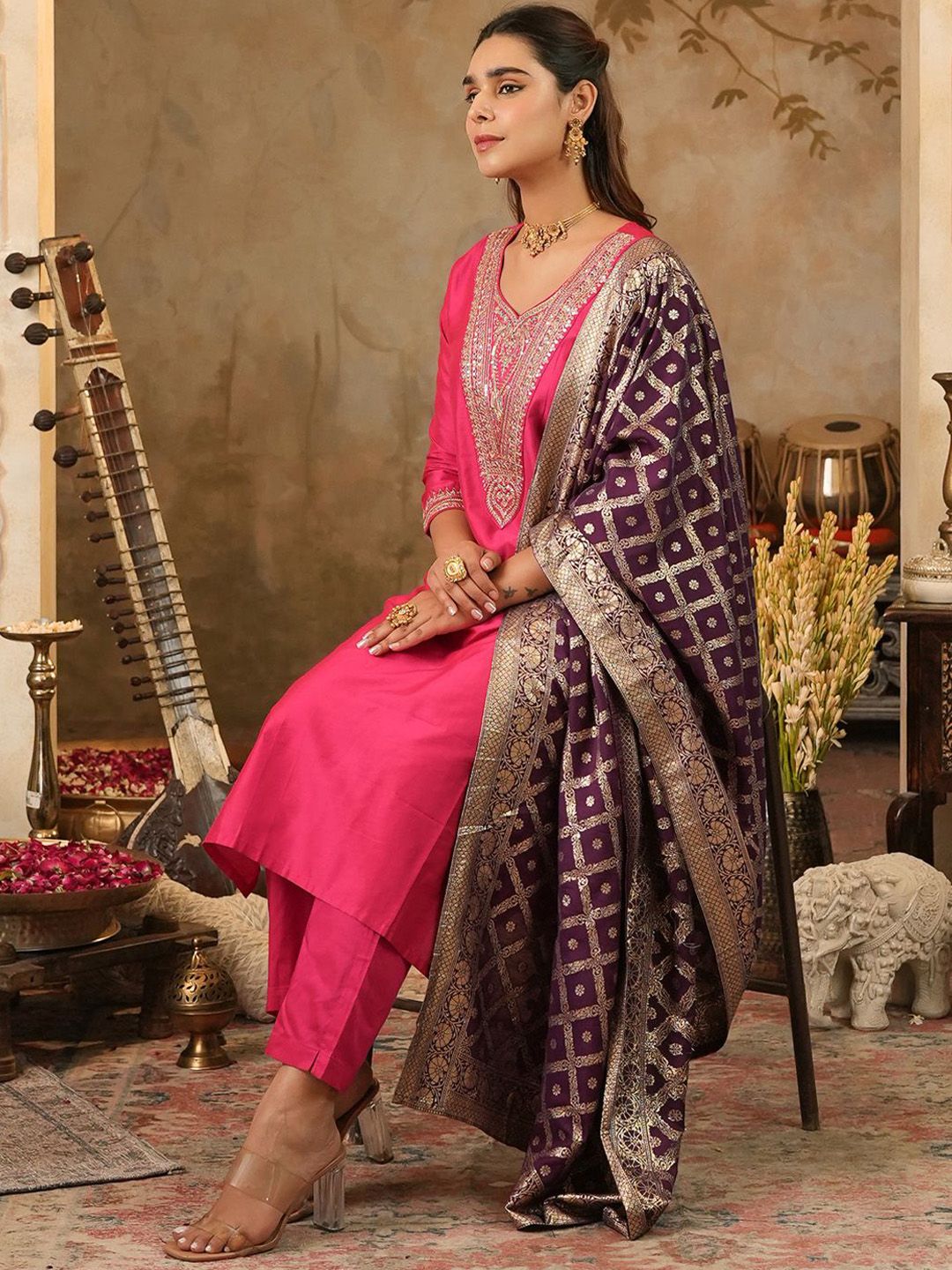 Embroidered Sequinned Kurta With Trousers & Dupatta