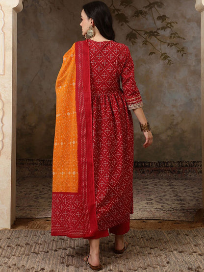 Dhiyona SN Women's Bandhani Printed V Neck Pure Cotton A Line Kurta & Trousers With Dupatta