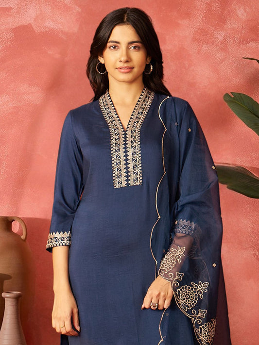 Women Ethnic Motifs Embroidered Regular Thread Work Kurta with Trousers & With Dupatta