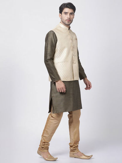 Men's Black Silk Blend Straight Jacket  Kurta and Pyjama Set