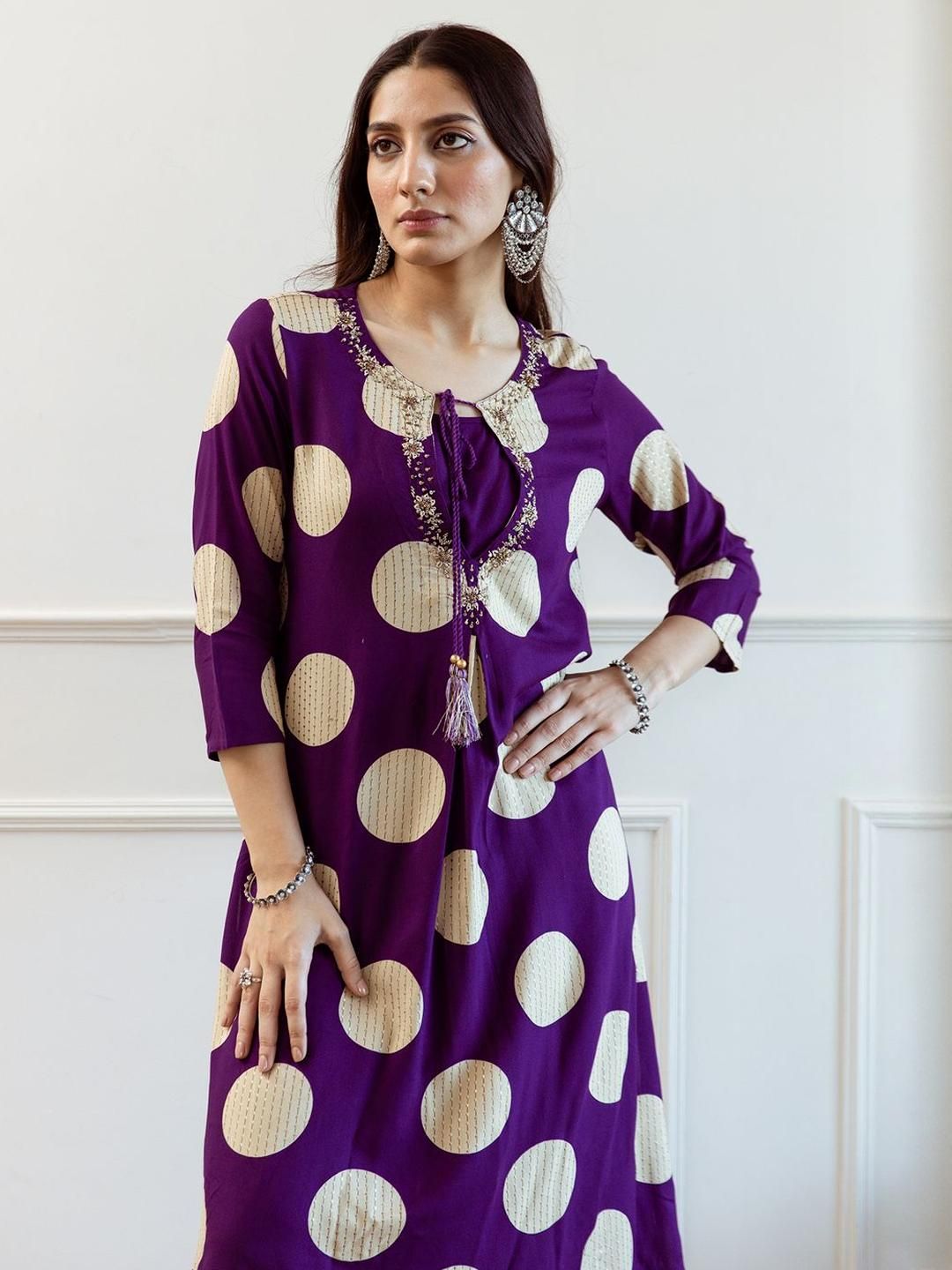 Dhiyona IE Women Printed Regular Beads and Stones A-Line Kurta with Palazzos