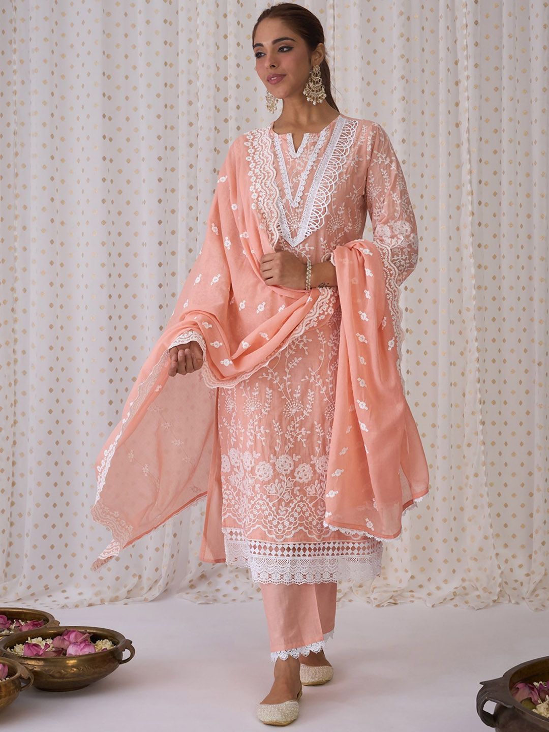 Dhiyona IE Floral Embroidered Pure Cotton Straight Kurta With Trousers & Dupatta
