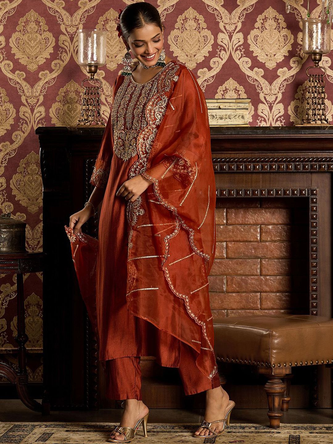 Dhiyona IE Ethnic Motifs Embroidered Zari Liva Kurta With Trousers & Dupatta