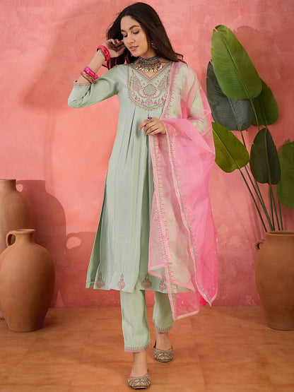Dhiyona SN Women's Floral Yoke Design V-Neck Pleated Sequinned A-Line Kurta With Trousers & Dupatta