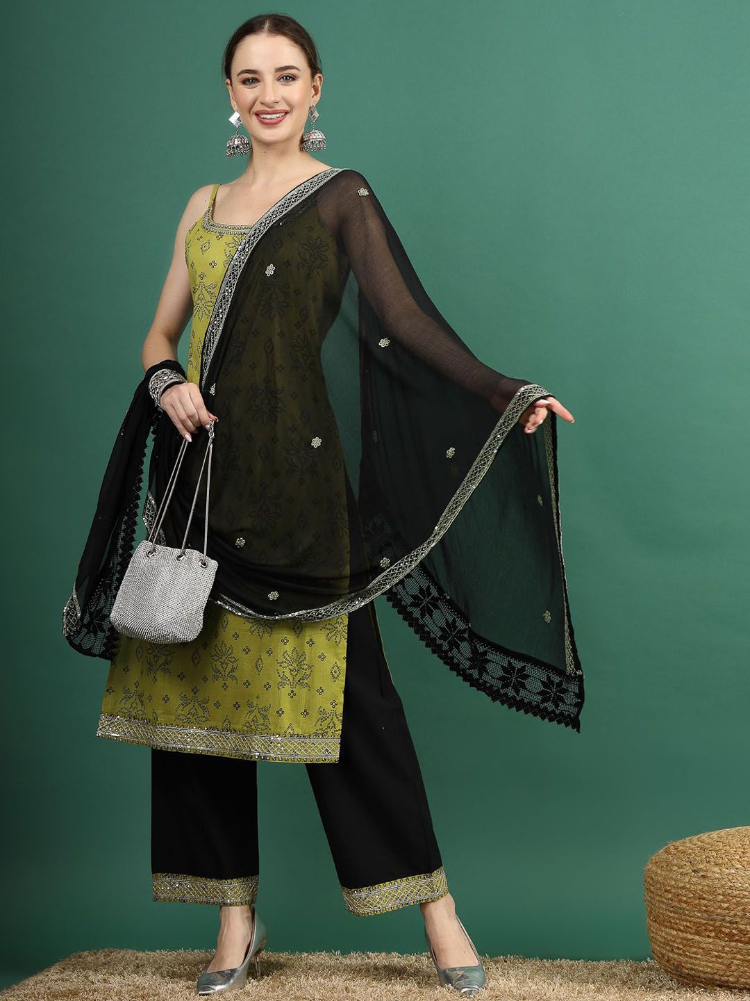 Dhiyona SN Women's Green Bandhani Embroidered Shoulder Straps Sequinned Kurta With Palazzo & Dupatta