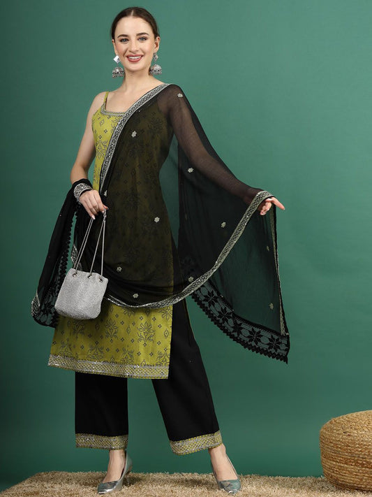 Dhiyona SN Women's Green Bandhani Embroidered Shoulder Straps Sequinned Kurta With Palazzo & Dupatta