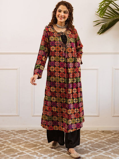 Women Printed Regular Beads and Stones Work Kurta with Palazzos