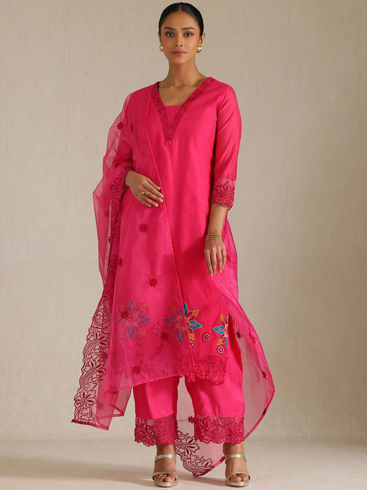 Dhiyona SO Women's Floral Embroidered Thread Work Chanderi Silk Straight Kurta With Palazzos And Dupatta