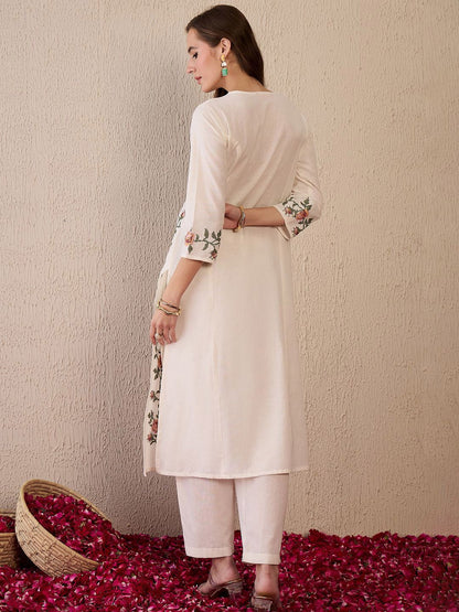 Women Floral Embroidered Regular Thread Work Pure Cotton Kurta with Trousers