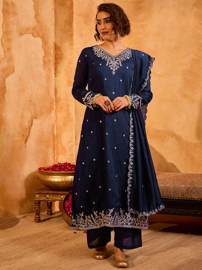 Dhiyona KL Women Ethnic Motifs Embroidered Regular Thread Work Kurta with Palazzos & With Dupatta