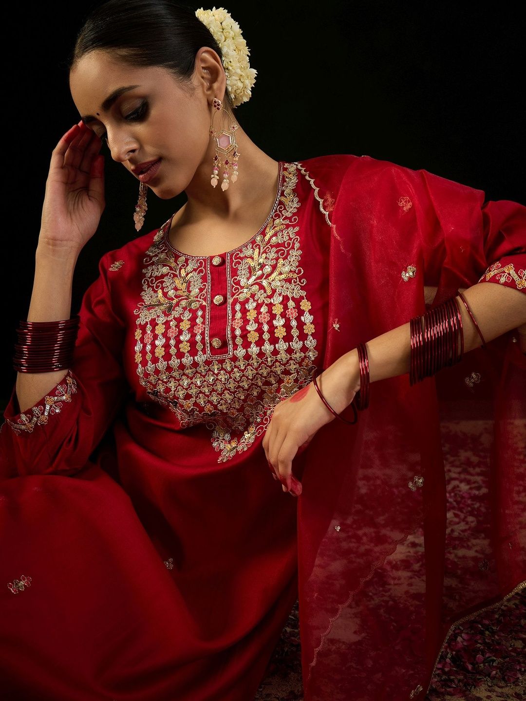 Women Ethnic Motifs Embroidered Regular Sequinned Liva Kurta with Trousers & With Dupatta