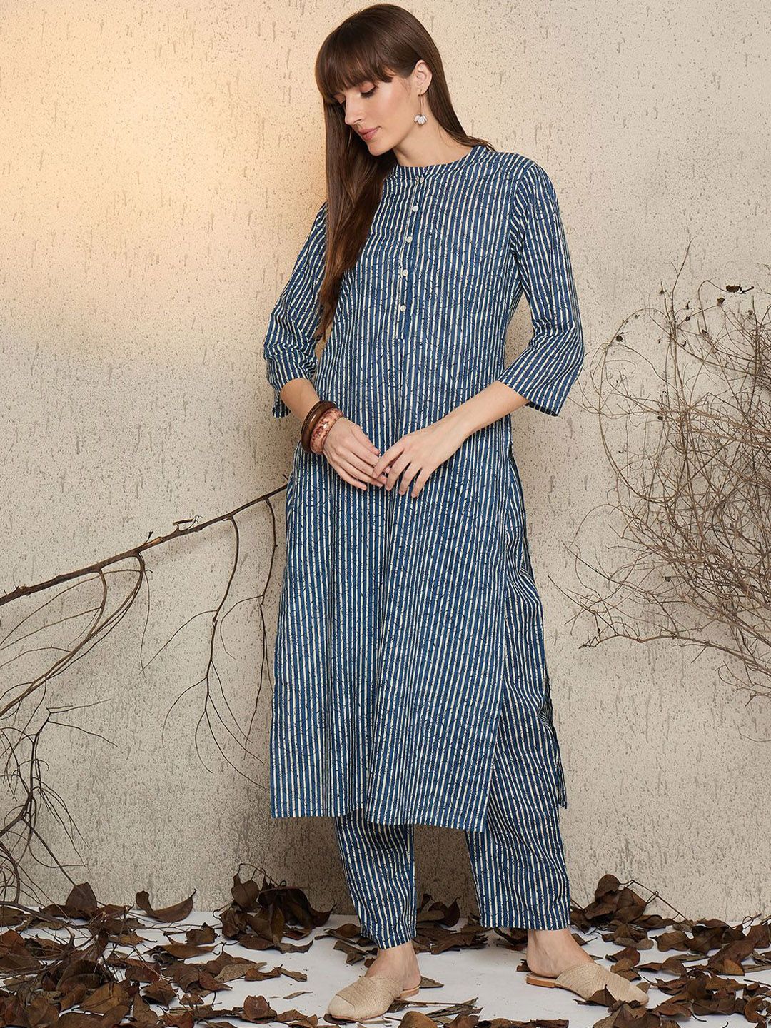 Dhiyona IE Women Printed Mandarin Collar Cotton Top and Trousers Co-Ords