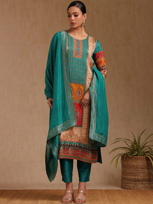 Dhiyona SO Women's Floral Printed Beads and Stones Straight Kurta With Trouser And Dupatta