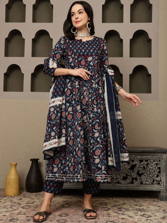 Dhiyona SN Women's Navy Blue Floral Printed Pure Cotton Anarkali Kurta With Trousers & Dupatta