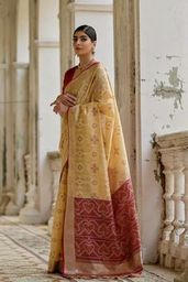 Cream Red Raw Silk Saree