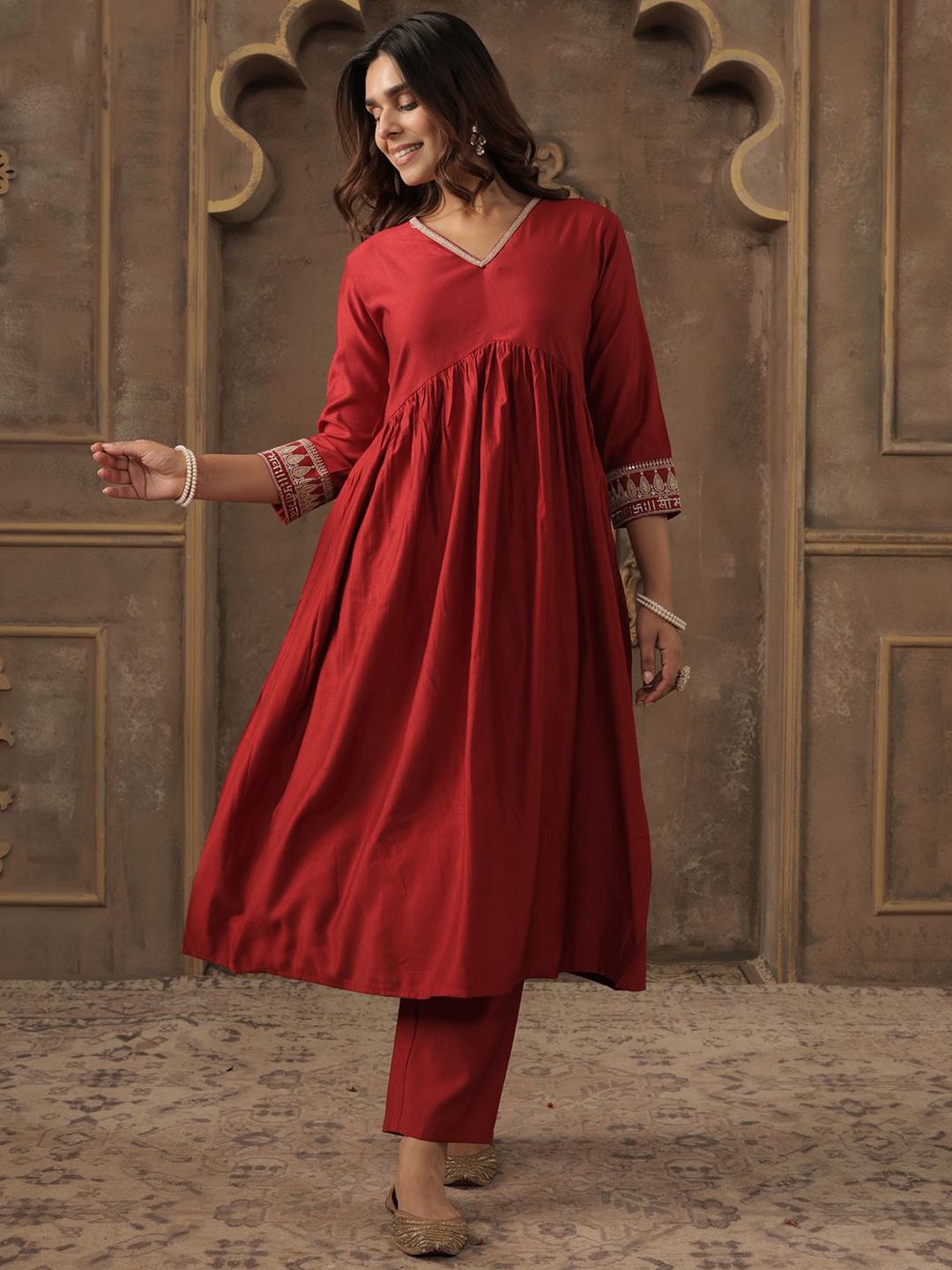 V-Neck Pleated A-Line Kurta With Trousers