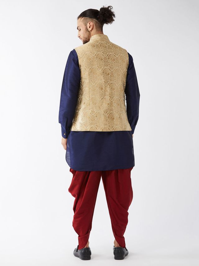 Men's Navy Blue Silk Blend Straight Jacket  Kurta and Dhoti Set