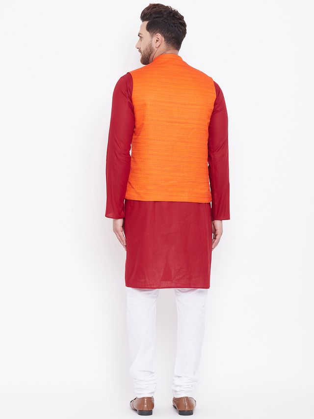 Men's Maroon Cotton Blend Straight Jacket  Kurta and Pyjama Set