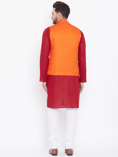 Men's Maroon Cotton Blend Straight Jacket  Kurta and Pyjama Set
