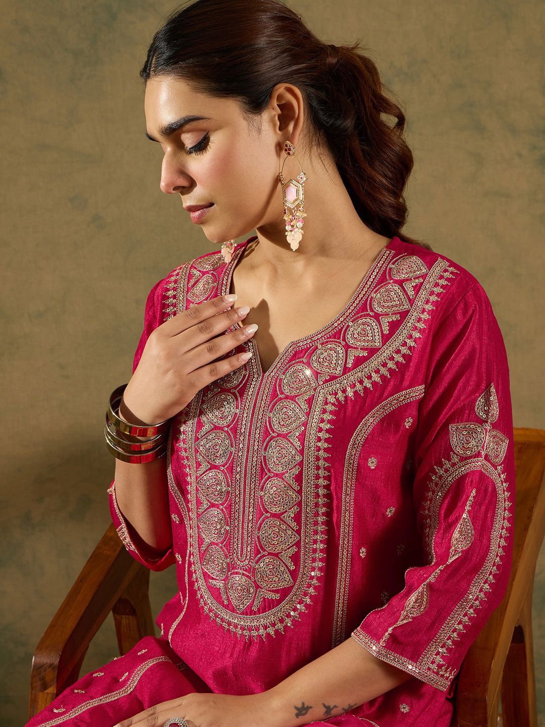 Ethnic Motifs Embroidered Panelled A-Line Kurta with Trousers & Dupatta
