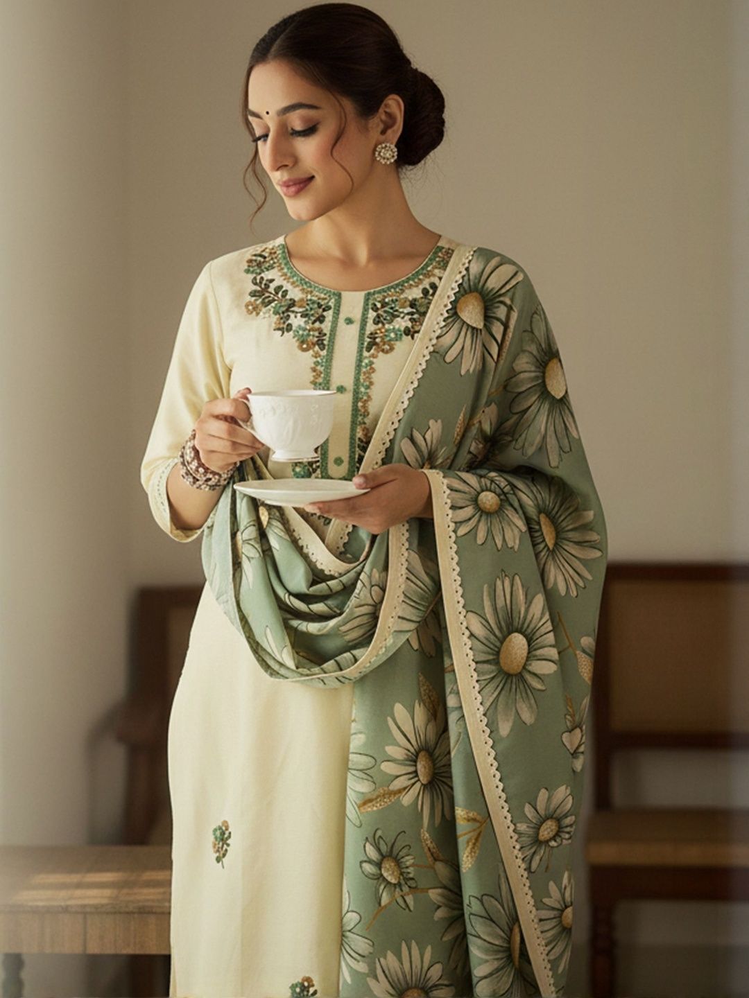 Floral Embroidered Regular Thread Work Kurta With Trousers & Dupatta