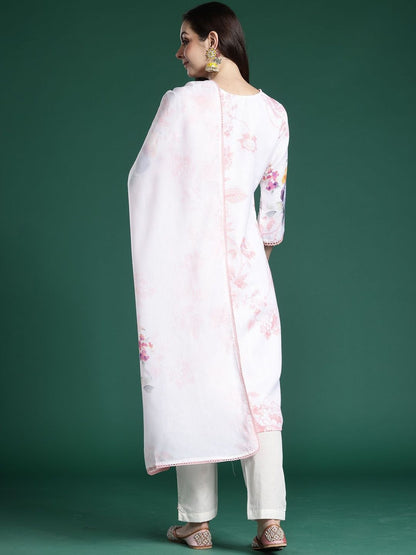 Women Floral Printed Regular Linen Kurta with Trousers & With Dupatta