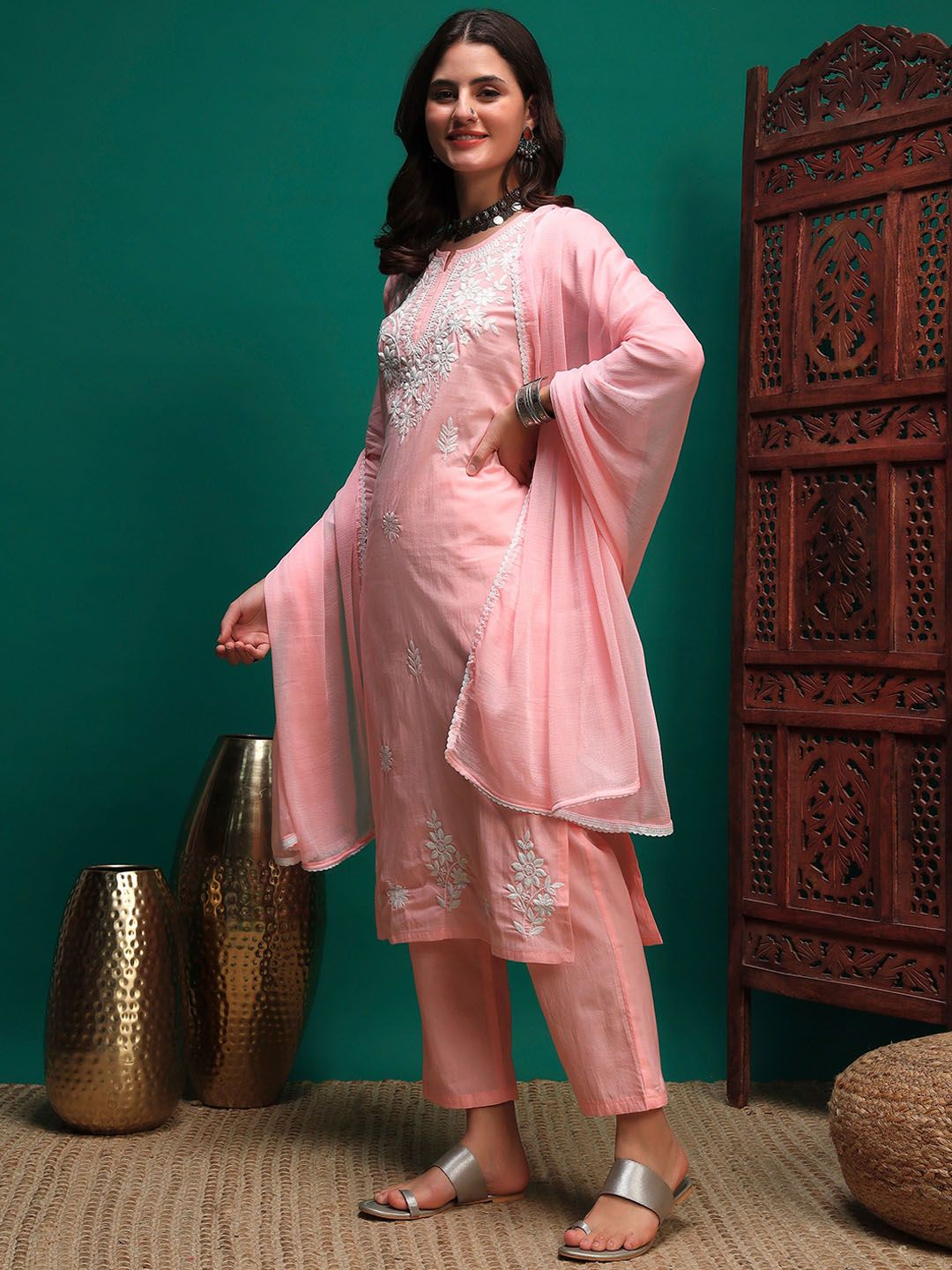 Dhiyona SN Women's Floral Embroidered Cotton Kurta with Trousers & Dupatta