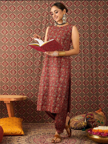 Dhiyona IE Floral Printed Round Neck Pure Cotton Tunic With Trousers