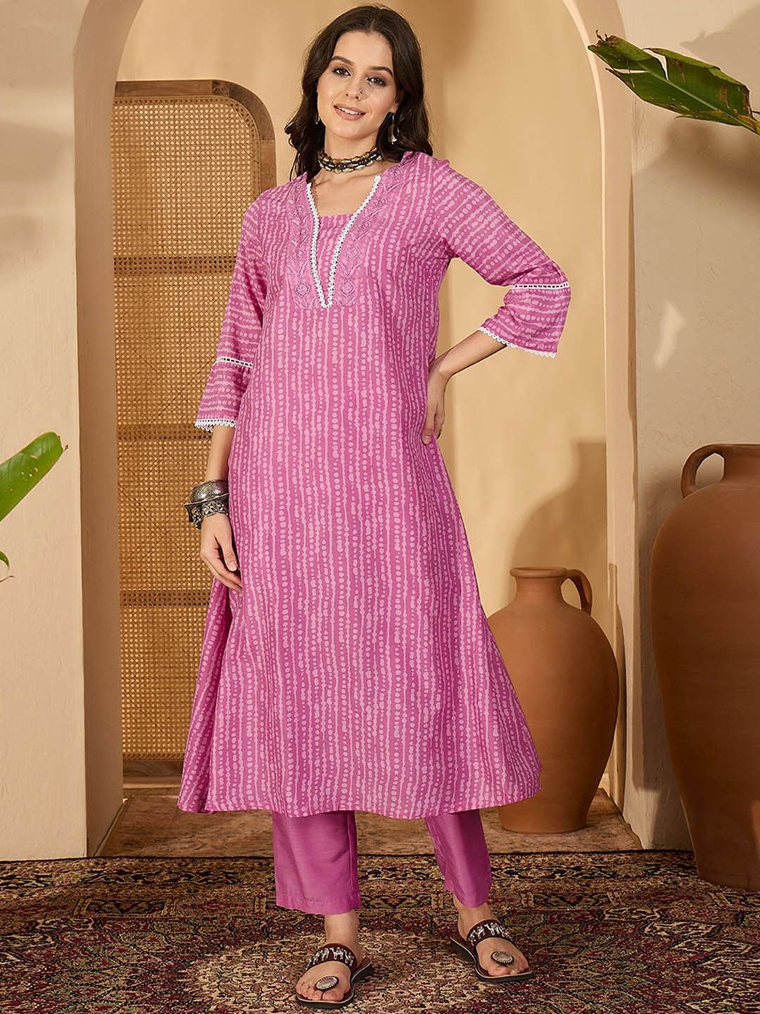 Dhiyona SN Women's Abstract Printed & Embroidered V-Neck A-Line Kurta With Trousers And Dupatta