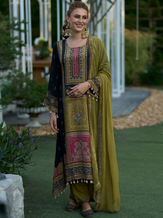 Ethnic Motifs Printed Regular Mirror Work Kurta With Palazzos & Dupatta