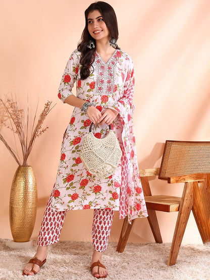 Dhiyona OD  Floral Printed Pure Cotton Kurta with Trousers & Dupatta
