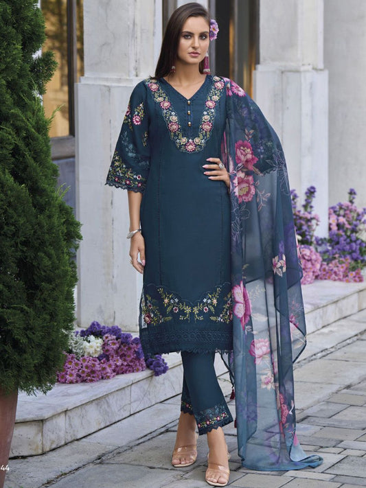 Dhiyona VA Women'sFloral Embroidered Thread Work Pure Cotton Straight Kurta With Trouser And Dupatta