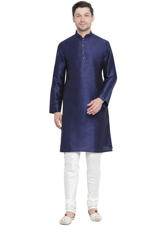 Men's Dark Blue Silk Blend Straight Kurta Pyjama Set