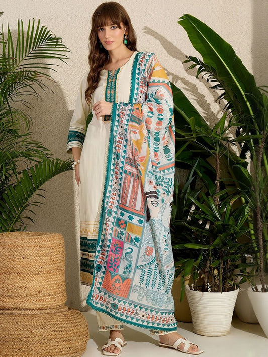 Women Ethnic Motifs Embroidered Regular Kurta with Trousers & With Dupatta