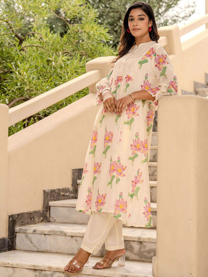 Dhiyona IE Printed Pure Cotton Mandarin Collared Top With Trousers Co-Ords