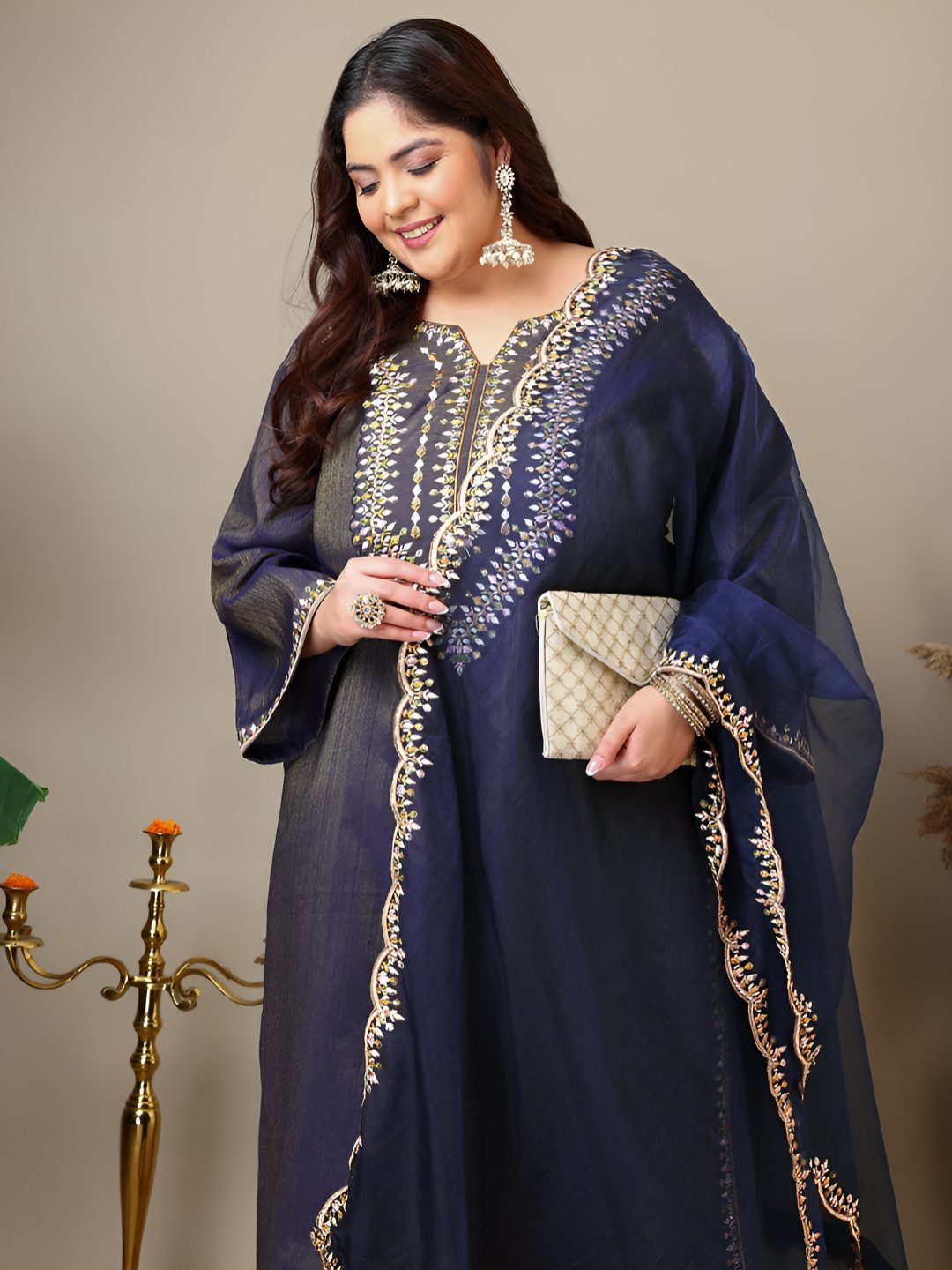 Dhiyona IN Ethnic Motifs Thread Work Straight Kurta With Palazzos & Dupatta