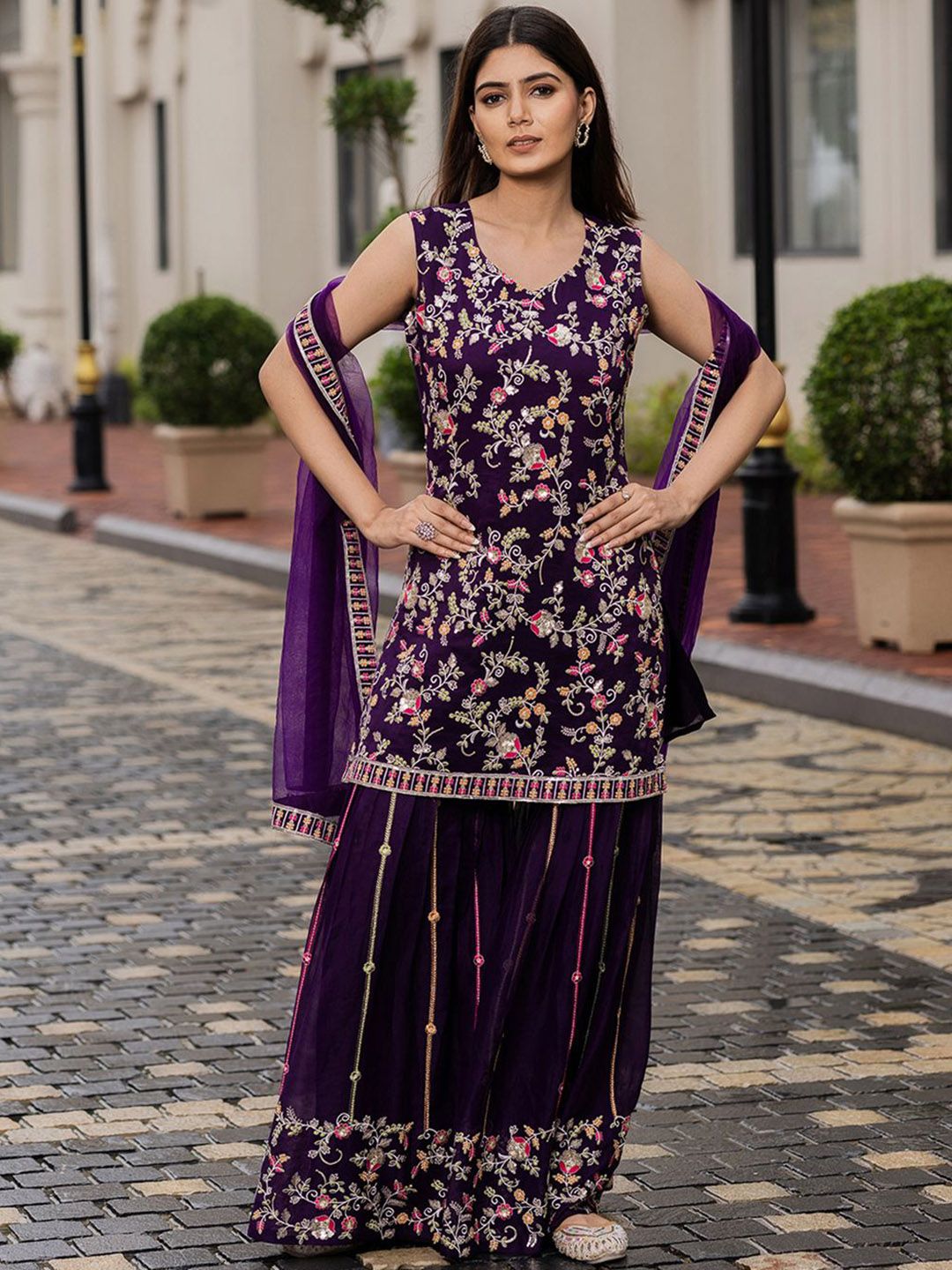 Dhiyona CH Women Floral Embroidered Kurta with Sharara & Dupatta