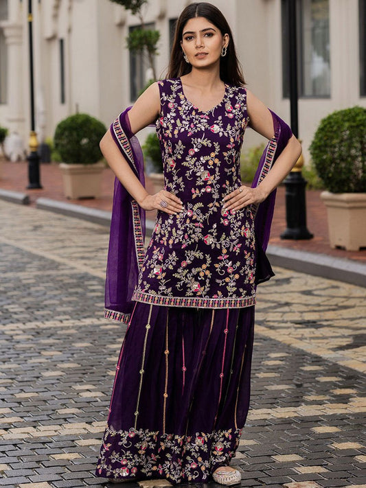 Dhiyona CH Women Floral Embroidered Kurta with Sharara & Dupatta