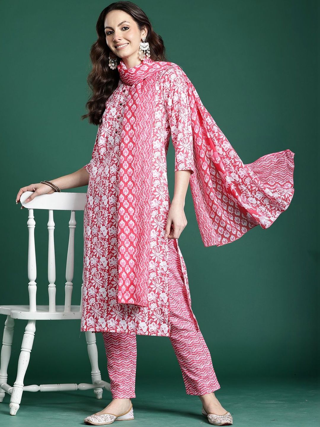 Women Printed Regular Pure Cotton Kurta with Trousers & With Dupatta