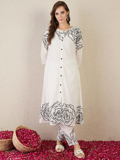 Women Ethnic Motifs Printed Regular Mirror Work Pure Cotton Kurta Trousers