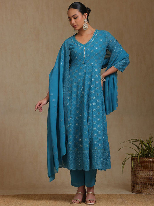Dhiyona SO Women's Floral Embroidered V-Neck Sequinned Georgette A-Line Kurta With Trousers & Dupatta